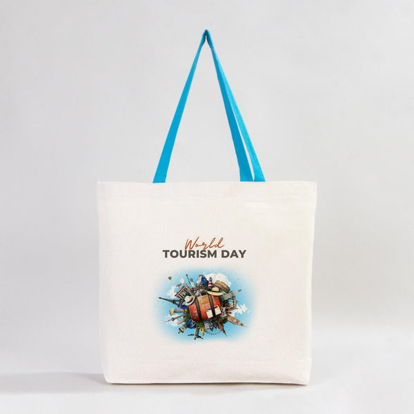Custom Canvas Beach Tote Bag with Blue Handles – 19" × 16" × 4" (48 × 41 × 10 cm) – 10 oz Cotton - Pamusan.com