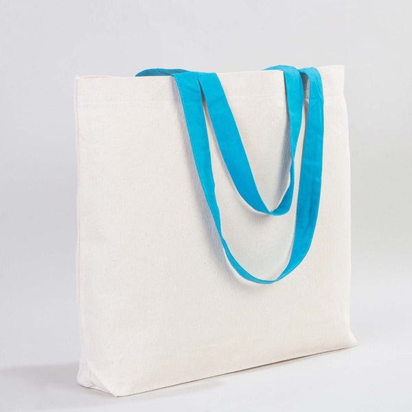 Custom Canvas Beach Tote Bag with Blue Handles – 19" × 16" × 4" (48 × 41 × 10 cm) – 10 oz Cotton - Pamusan.com