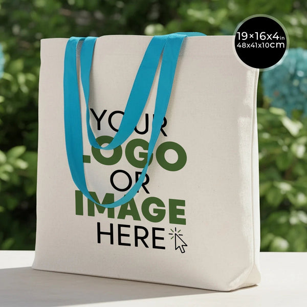 Custom Canvas Beach Tote Bag with Blue Handles – 19" × 16" × 4" (48 × 41 × 10 cm) – 10 oz Cotton - Pamusan.com