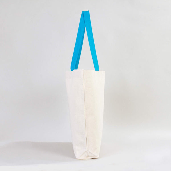 Custom Canvas Beach Tote Bag with Blue Handles – 19" × 16" × 4" (48 × 41 × 10 cm) – 10 oz Cotton - Pamusan.com