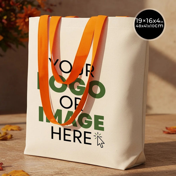Custom Canvas Beach Tote Bag with Orange Handles – 19" × 16" × 4" (48 × 41 × 10 cm) – 10 oz Cotton - Pamusan.com