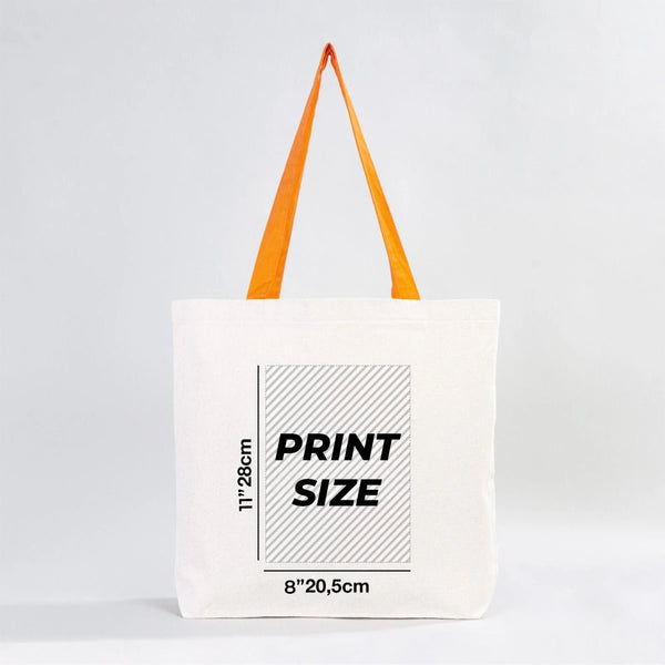 Tote bag with orange handles and print size information on a white background