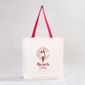 Custom Canvas Beach Tote Bag with Red Handles – 19" × 16" × 4" (48 × 41 × 10 cm) – 10 oz Cotton - Pamusan.com
