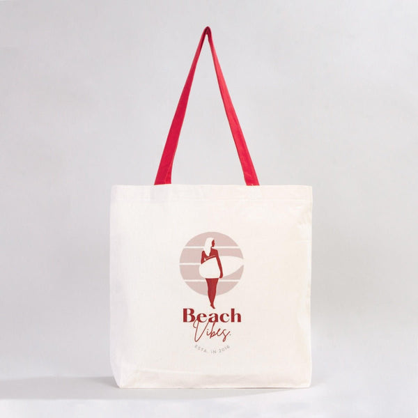 Custom Canvas Beach Tote Bag with Red Handles – 19" × 16" × 4" (48 × 41 × 10 cm) – 10 oz Cotton - Pamusan.com