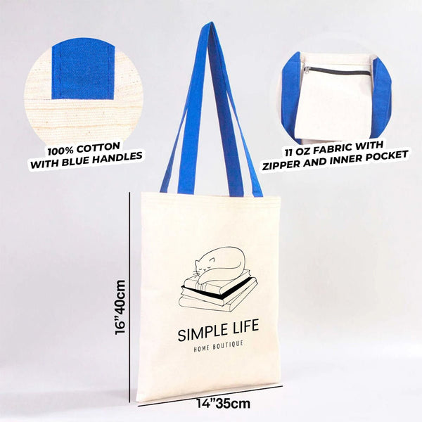 Canvas tote bag with blue handles, dimensions, and material details on a white background