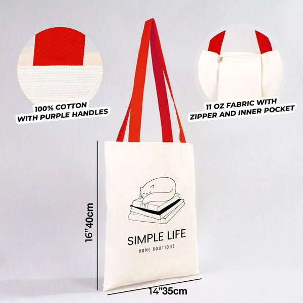 White tote bag with red handles and 'Simple Life' branding, showing fabric details and dimensions.