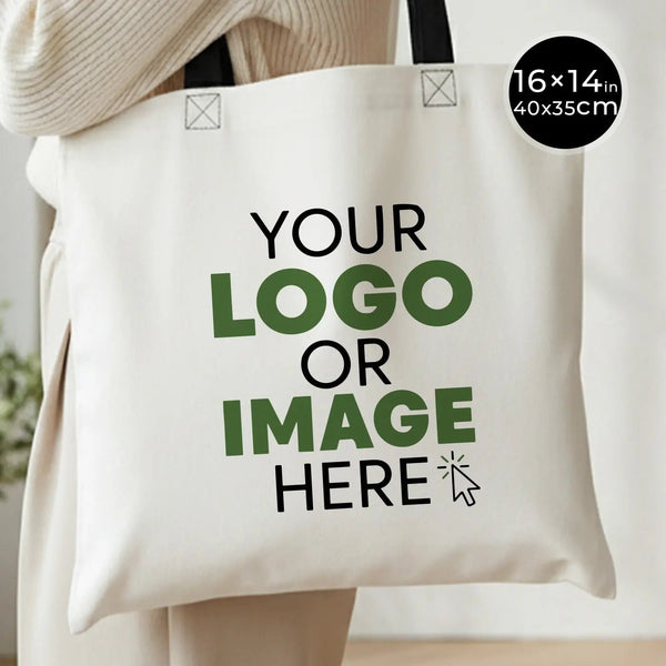 Custom Cotton Tote Bag – 16" × 14" (40 × 35 cm) – Black Handles - Pamusan.com