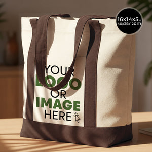 Custom canvas tote bag with dark brown handles – your logo or image printed on the front, 16x14x5 in (40x35x12 cm) - Pamusan.com