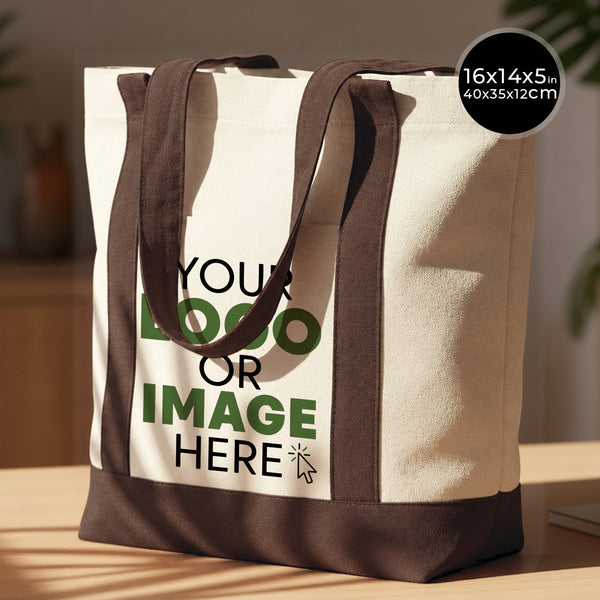 Custom canvas tote bag with dark brown handles – your logo or image printed on the front, 16x14x5 in (40x35x12 cm) - Pamusan.com