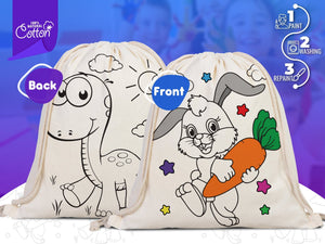 Custom Drawstring Backpacks - 14"W x 16"H (35 cm x 40 cm) Dinosaur and Rabbit Designs - Kids Art Set - Cotton Drawstring Bags for Kids & Schools - Pamusan.com
