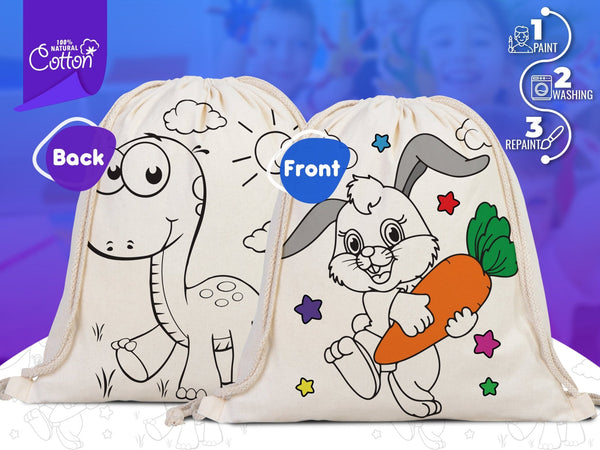 Custom Drawstring Backpacks - 14"W x 16"H (35 cm x 40 cm) Dinosaur and Rabbit Designs - Kids Art Set - Cotton Drawstring Bags for Kids & Schools - Pamusan.com