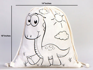 Custom Drawstring Backpacks - 14"W x 16"H (35 cm x 40 cm) Dinosaur and Rabbit Designs - Kids Art Set - Cotton Drawstring Bags for Kids & Schools - Pamusan.com
