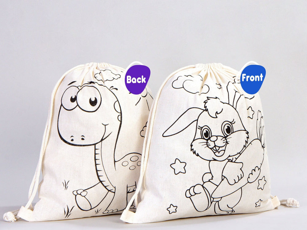 Custom Drawstring Backpacks - 14"W x 16"H (35 cm x 40 cm) Dinosaur and Rabbit Designs - Kids Art Set - Cotton Drawstring Bags for Kids & Schools - Pamusan.com