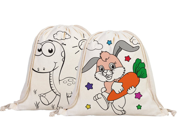 Custom Drawstring Backpacks - 14"W x 16"H (35 cm x 40 cm) Dinosaur and Rabbit Designs - Kids Art Set - Cotton Drawstring Bags for Kids & Schools - Pamusan.com