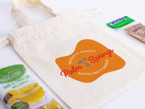 Custom Name Palm Springs Bachelorette Party Bags - 6"W x 8"H (15.5 x 20 cm) Hangover Kit Pouch - Survival Kit - Custom Print Bags for Party , Organic Cotton Bag - Pamusan.com