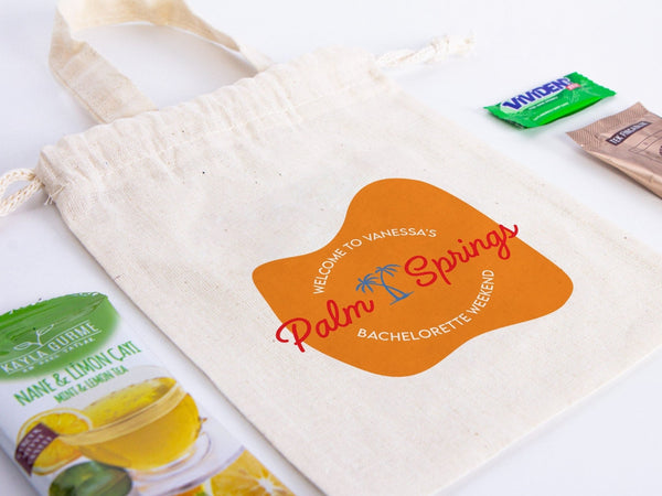 Custom Name Palm Springs Bachelorette Party Bags - 6"W x 8"H (15.5 x 20 cm) Hangover Kit Pouch - Survival Kit - Custom Print Bags for Party , Organic Cotton Bag - Pamusan.com