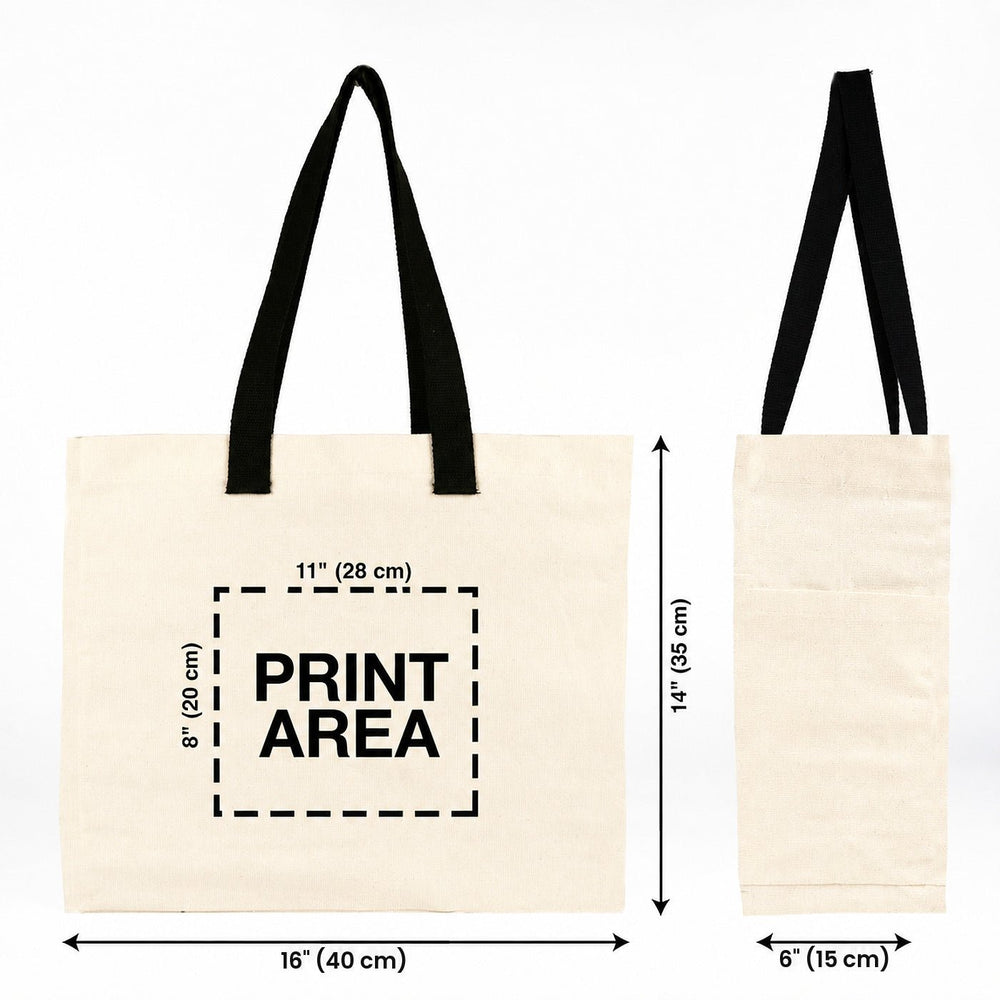 Custom Printed Canvas Tote Bags 16"W x 14"H x 6"L – Two Side Pockets, Black Woven Handles – 450 gsm Cotton - Pamusan.com