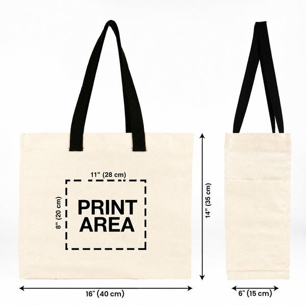 Custom Printed Canvas Tote Bags 16"W x 14"H x 6"L – Two Side Pockets, Black Woven Handles – 450 gsm Cotton - Pamusan.com