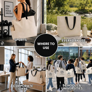 Custom Printed Canvas Tote Bags 16"W x 14"H x 6"L – Two Side Pockets, Black Woven Handles – 450 gsm Cotton - Pamusan.com