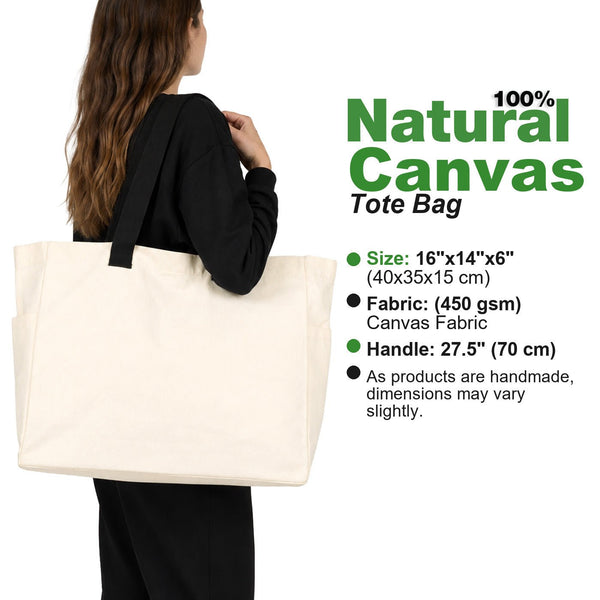 Custom Printed Canvas Tote Bags 16"W x 14"H x 6"L – Two Side Pockets, Black Woven Handles – 450 gsm Cotton - Pamusan.com