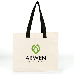 Custom Printed Canvas Tote Bags 16"W x 14"H x 6"L – Two Side Pockets, Black Woven Handles – 450 gsm Cotton - Pamusan.com