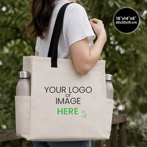 Custom Printed Canvas Tote Bags 16"W x 14"H x 6"L – Two Side Pockets, Black Woven Handles – 450 gsm Cotton - Pamusan.com