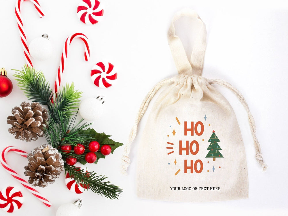 Customizable Ho Ho Ho Christmas Bags - 6" W x 8" H (15,5cm x 20 cm) Personalized Gift Bags for Happy New Year - Add Logo & Text - Pamusan.com