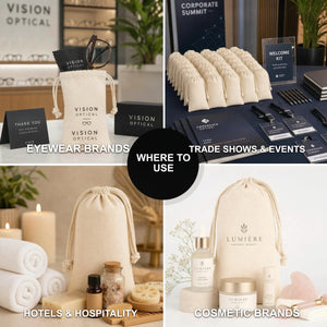 Personalized cotton drawstring pouch displayed upright in natural color