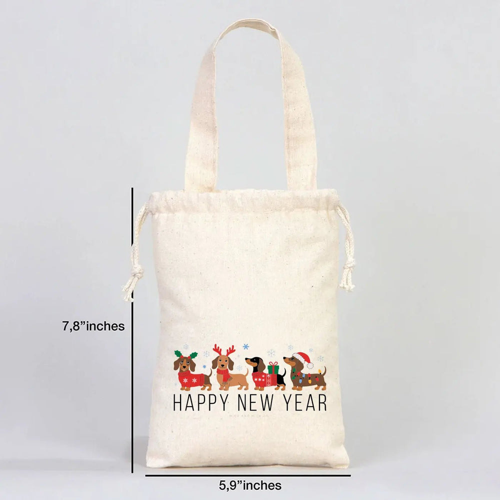 Drawstring Gift Pouch 6" × 8" (15.5 × 20 cm) – New Year Printed Fabric Bag, Short Handle - Pamusan.com
