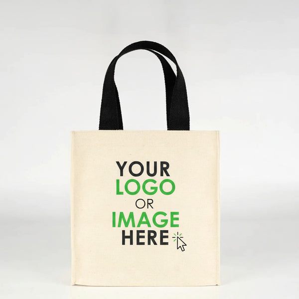Custom printed canvas tote bag standing upright showing full gusset shape