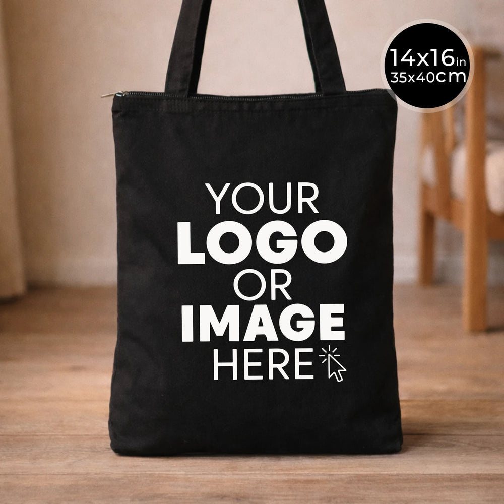 Gabardine Tote Bags With Zipper – Black 14"W x 16"H Custom Cotton Promotional Bags - Pamusan.com