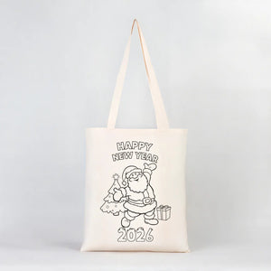 Happy New Year 2026 Coloring Tote – Santa with Christmas Tree Cotton Bag - Pamusan.com