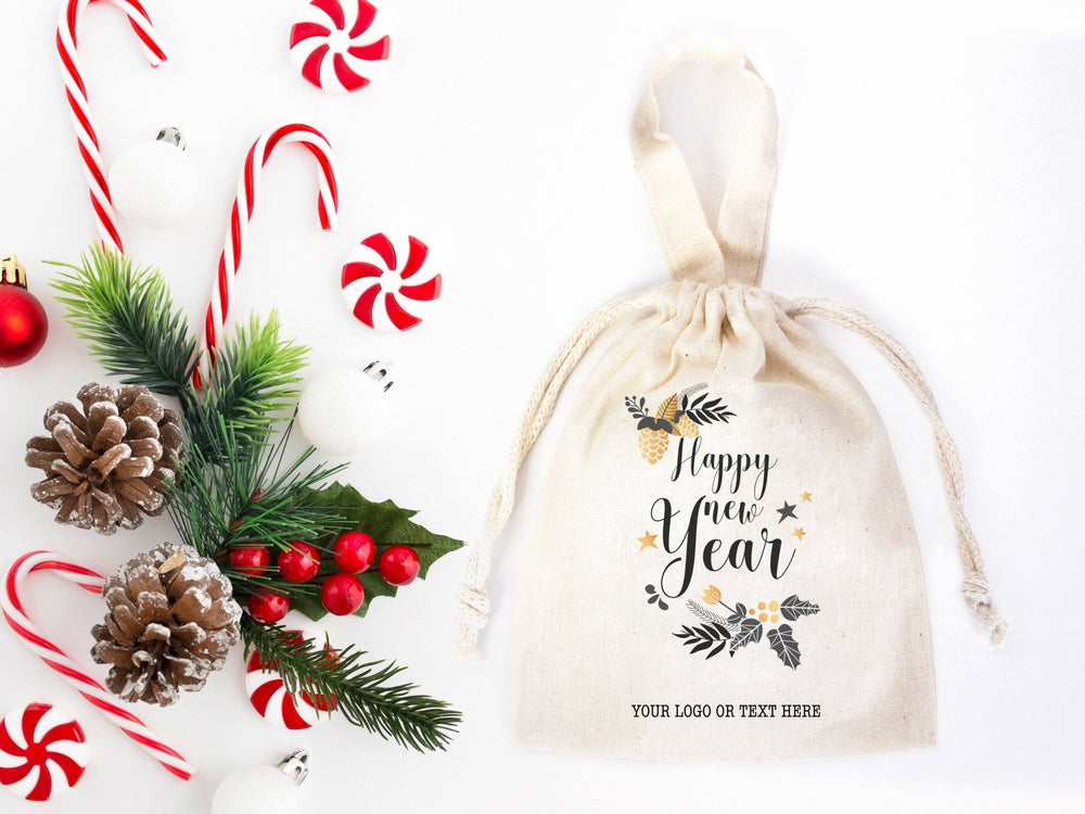 Happy New Year Bear Favor Bags - 6"W x 8"H (15.5 cm x 20 cm) Personalised Cotton & Muslin Bags, New Year Pouch Bags - Pamusan.com