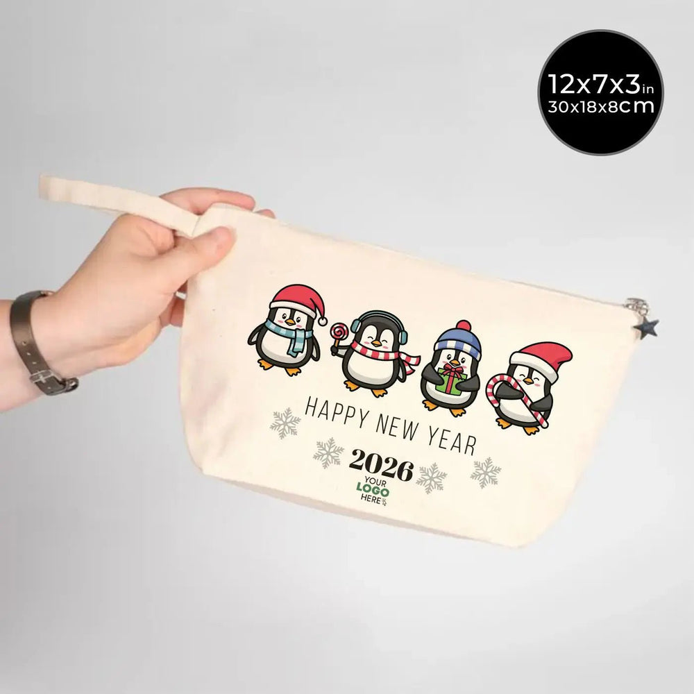 Happy New Year Canvas Clutch Bag 12" × 7" × 3" (30 × 18 × 8 cm) – Cute Penguin Design 2026 - Pamusan.com