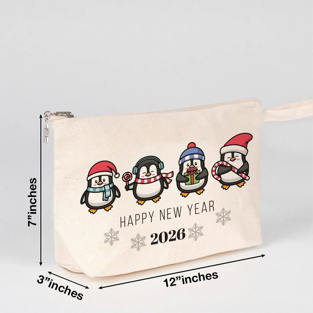 Happy New Year Canvas Clutch Bag 12" × 7" × 3" (30 × 18 × 8 cm) – Cute Penguin Design 2026 - Pamusan.com