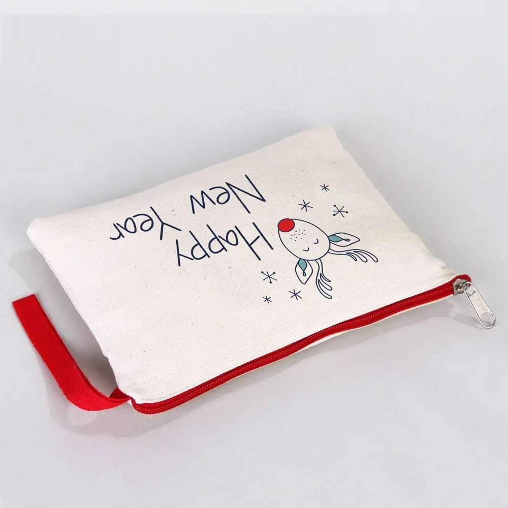 New Year Zipper Pouch 8" × 6" (21 × 15 cm) – Cotton Holiday Gift Bag with Red Handle - Pamusan.com