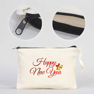 Happy New Year Zipper Pouch 8" × 6" (21 × 15 cm) – Personalized Cotton Holiday Gift Bag - Pamusan.com