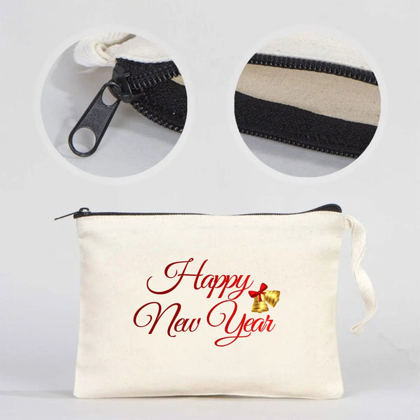 Happy New Year Zipper Pouch 8" × 6" (21 × 15 cm) – Personalized Cotton Holiday Gift Bag - Pamusan.com