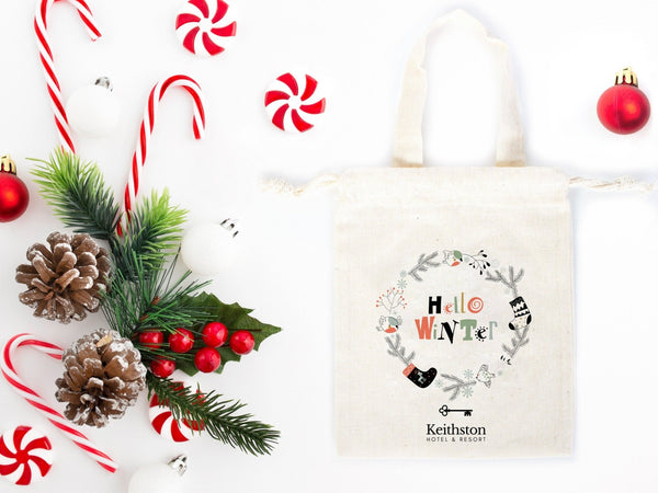 Hello Winter Gift Bags - Custom Family or Company Bags, Add Logo & Text, Personalized Cotton Bags — logo detail | Pamusan