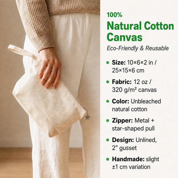 Custom Canvas Zip Pouch 25 x 15 x 5 cm – Gusseted Make-up Bag, 320 g/m²