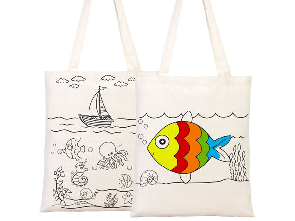 Coloring Tote Bag for Kids – Fish & Ship Design | Paintable Cotton Bag for Coloring Activities — view 9 | Pamusan