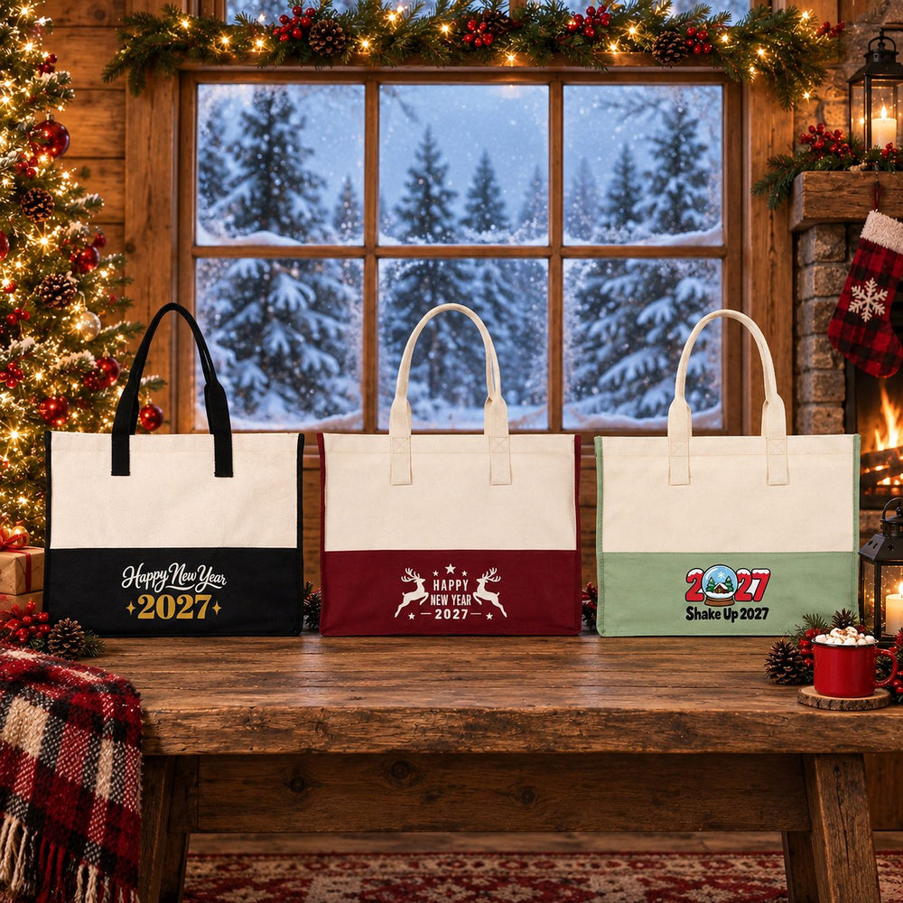 Large Canvas Tote Bag Bulk – Christmas & New Year 2027 Two-Tone Totes 18" × 14" × 7.5" (45 × 35 × 19 cm), Burgundy, Black or Sage Green, 9 Designs - Pamusan.com