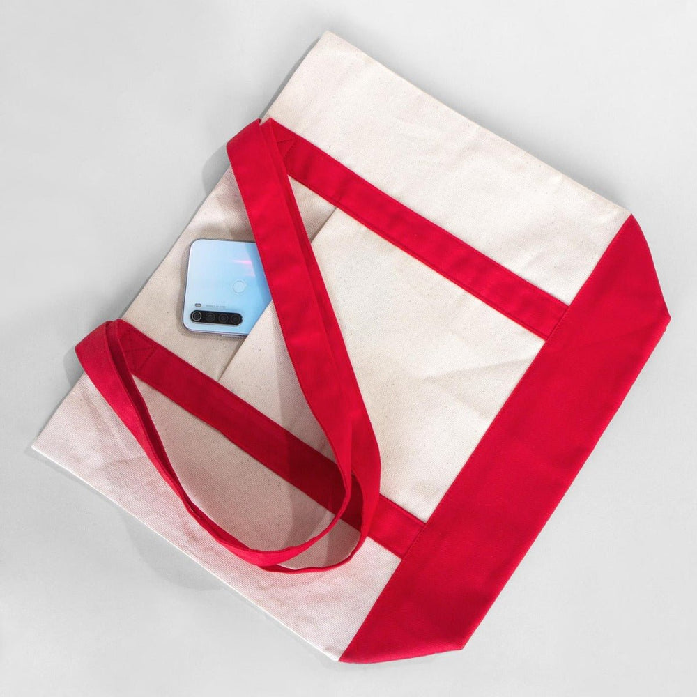 Large Canvas Tote Bag with Red Handles – 16"x14"x5" Eco - Friendly Cotton Shopping Bag - Pamusan.com
