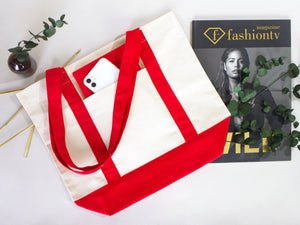 Large Canvas Tote Bag with Red Handles – 16"x14"x5" Eco - Friendly Cotton Shopping Bag - Pamusan.com