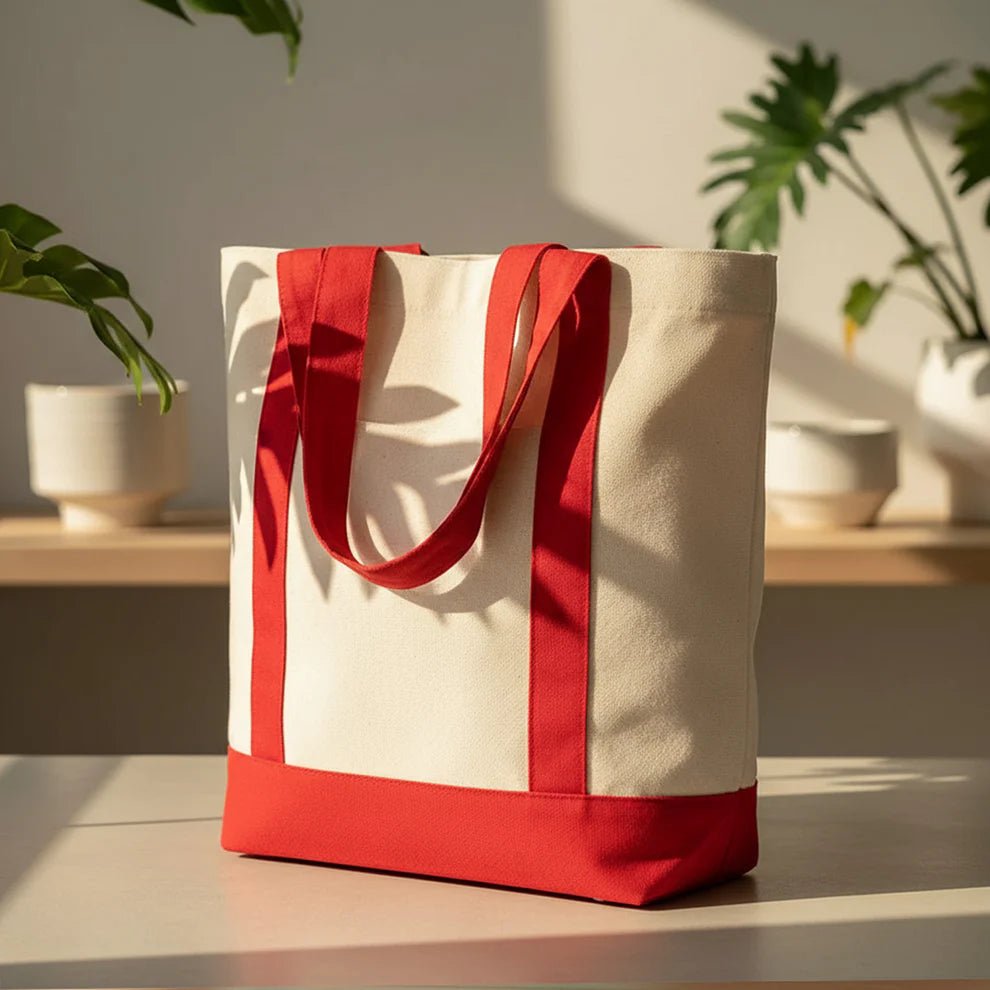Large Canvas Tote Bag with Red Handles – 16"x14"x5" Eco - Friendly Cotton Shopping Bag - Pamusan.com