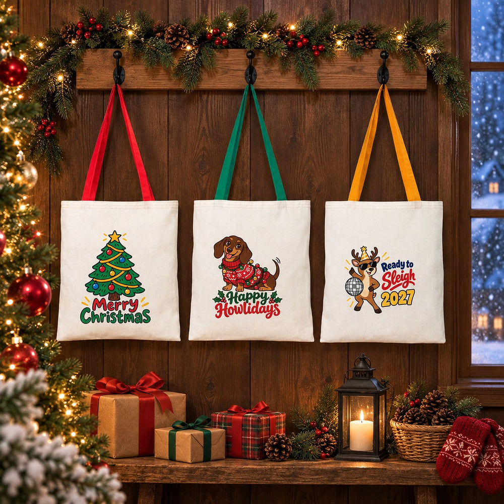 Large Christmas Gift Bags Bulk – Natural Cotton Tote Bags with Red, Green or Mustard Handles 14" × 16" (35 × 40 cm), 9 Christmas & New Year 2027 Designs - Pamusan.com