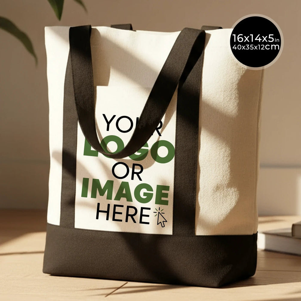 Large Trend Canvas Shopping Bag with Black Handle, 16"W x 14"H x 5"L, Large Tote Bag 12 Oz, Personalized - Pamusan.com