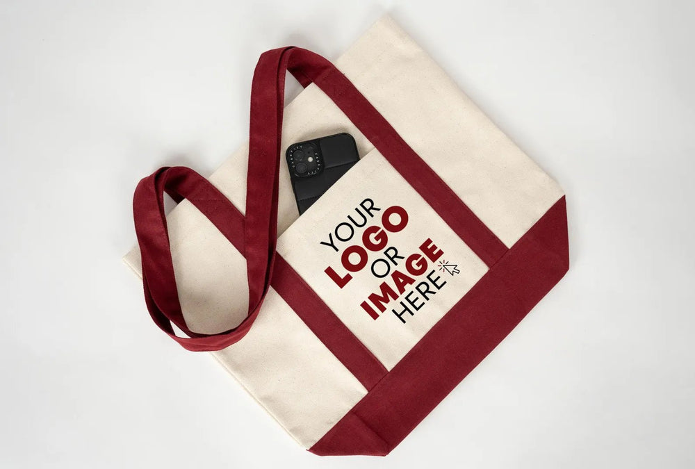 Large Trend Canvas Shopping Bag with Burgundy Handle, 16"W x 14"H x 5"L, 12 Oz, Personalized - Pamusan.com