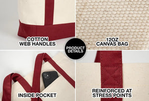 Large Trend Canvas Shopping Bag with Burgundy Handle, 16"W x 14"H x 5"L, 12 Oz, Personalized - Pamusan.com