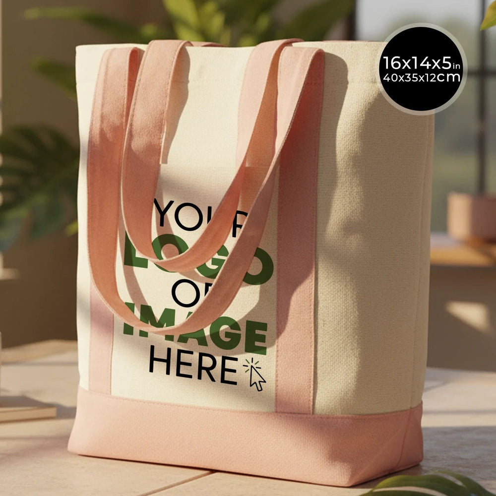 Large Trend Canvas Shopping Bag with Pink Handle, 16"W x 14"H x 5"L, Large Tote Bag 12 Oz, Personalized - Pamusan.com